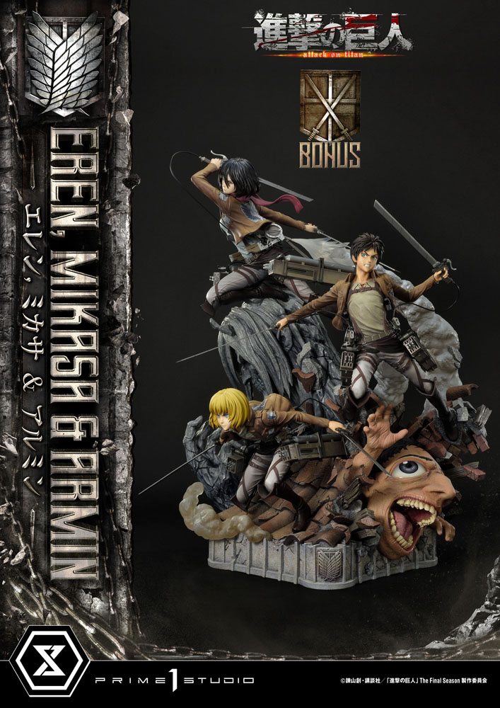 Attack on Titan Ultimate Premium Masterline Statue Eren, Mikasa, &amp; Armin Deluxe Bonus Version 72 cm